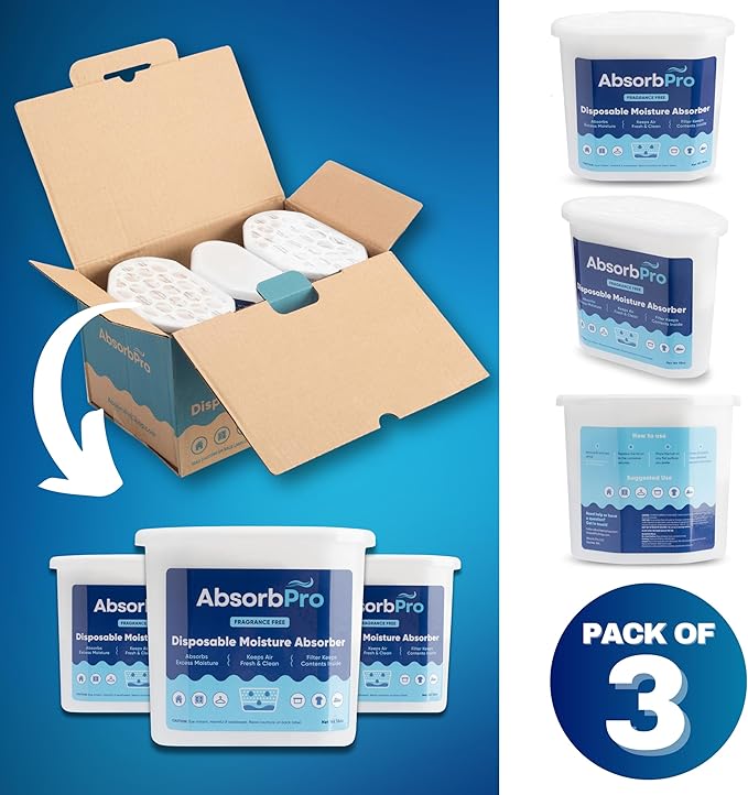 Moisture Absorber Tub Fragrance Free - 3-Pack - 18 oz Unscented Disposable Odor Eliminator Box & Dehumidifier for Garage, Home, Kitchen, Bedroom, Bathroom, Closet, Cars, and Boats