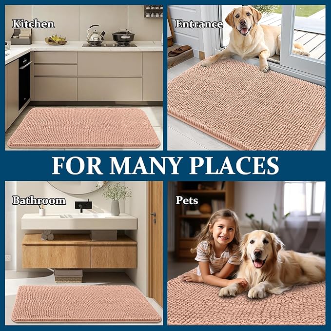 OLANLY Dog Door Mat for Muddy Paws 70x46, Absorbs Moisture and Dirt, Absorbent Non-Slip Washable Doormat, Quick Dry Chenille Mud Mat for Dogs, Entry Indoor Entryway Carpet for Inside Floor, Peach
