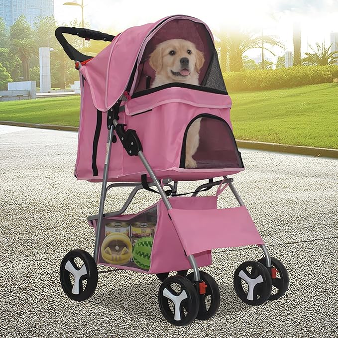 Pet Stroller 4 Wheels Dog Cat Stroller for Medium Small Dogs Cats, Folding Cat Jogger Stroller with Storage Basket & Breathable Mesh, Easy to Walk Travel Carrier