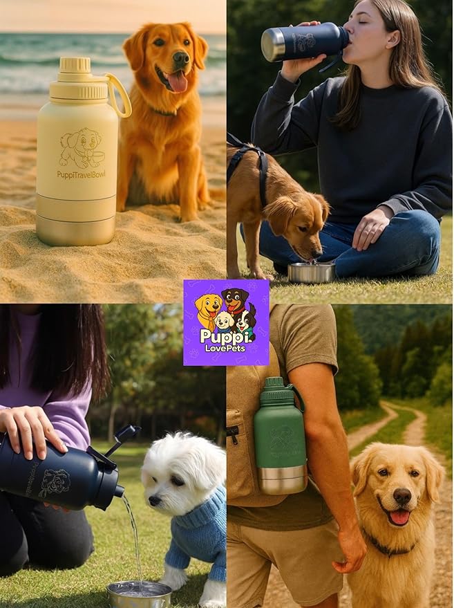 PuppyTravelBowl 3-in-1 Portable Dog Water & Food Bottle, 32oz Leak-Proof Travel Bowl for Pets – Ivory