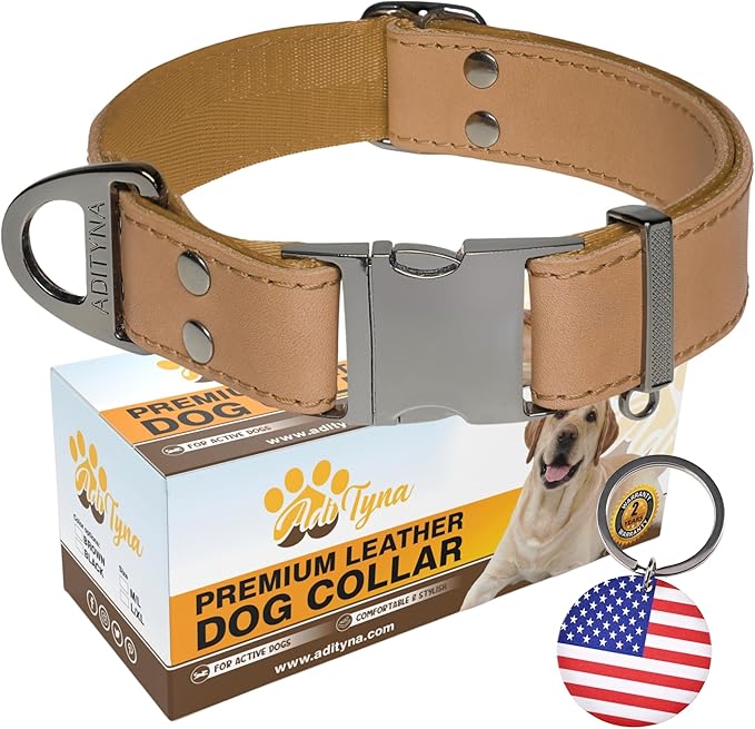 ADITYNA Leather Dog Collar with Metal Buckle - Heavy-Duty, Adjustable for Medium & Large Dogs - Walking, Training, Hiking (CamelBrown, Fits 15-21" Necks)