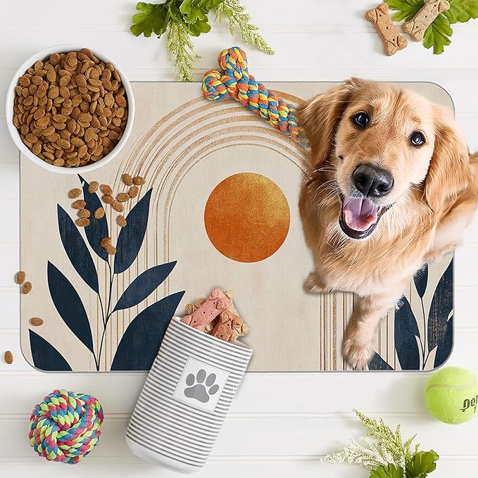 Sun Boho Leaf Dog Cat Food Mat,Absorbent Pet Feeding Mat for Food and Water,Non-Slip Dog Bowl Mats Floor Protector 16"x24"