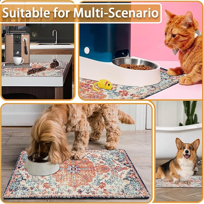 Absorbent Pet Dog Bowl Mat for Food and Water, Pet Cat Food Feeding Mat with Non Slip Rubber Backing, Dog Food Mats for Floors Waterproof, 16"x24"