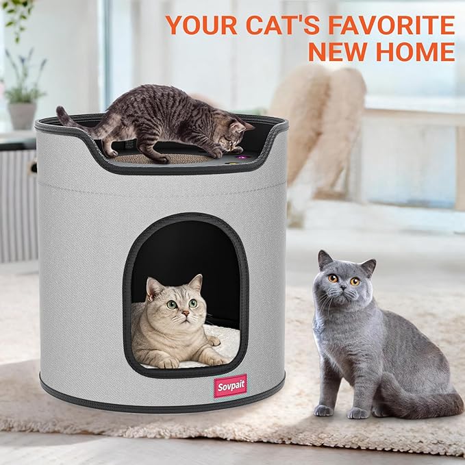 Cat House for Indoor Cats,Large Luxury Double Cat Beds with Cat Scratcher Pad Toys w/Catnip,Soft Washable Cushion Cat House Shelter D15xH15 in Grey (Classy Gray, Cardboard Cat Scratcher)
