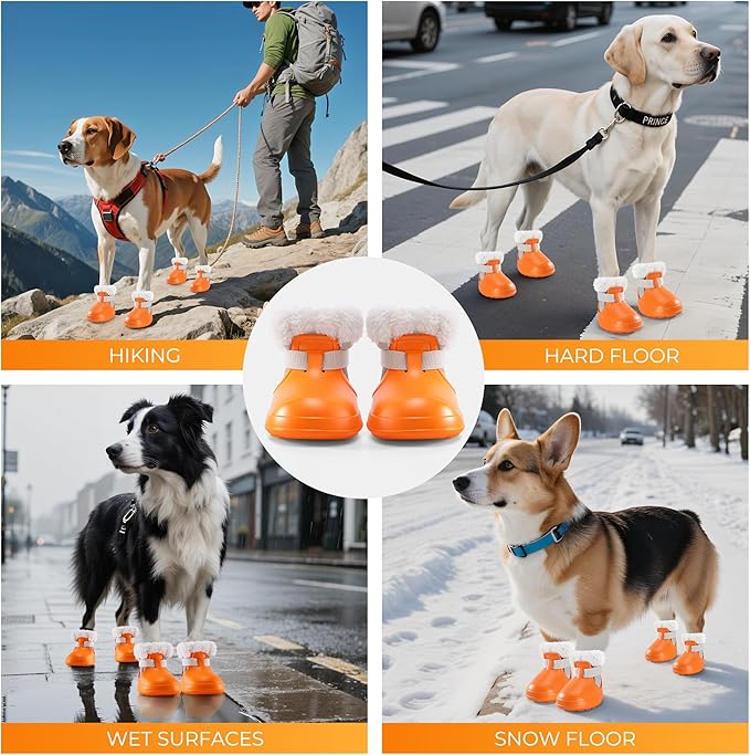 Dog Shoes for Small Medium Large Dogs,Winter Dog Snow Boots & Paw Protectors Waterproof for Cold Weather & Hard Floors,Adjustable Anti-Slip Dog Booties with Removable Wool Liner (Orange, 10)