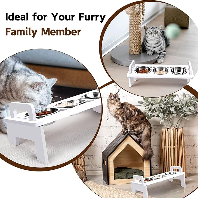 Elevated Cat Food Bowl, 3 Stainless Steel Raised Cat Bowls with Stand, 15°Tilted Cats Bowl for Small Dog, Cats Food and Water Bowl Set, Anti Vomitting, Whisker Fatigue and Dishwasher Safe (White)