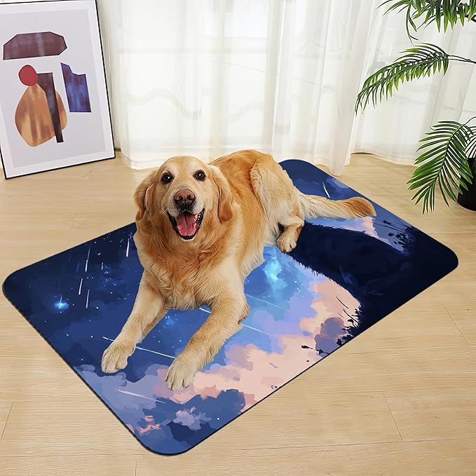 Starry Night Cat Dog Food Mat–Christmas Stocking Absorbent Quick Dry Feeding Placemat for Food and Water Bowls, Non Slip Rubber Backing, Waterproof Pet Supplies for Mess-Free Eating 16"x24"