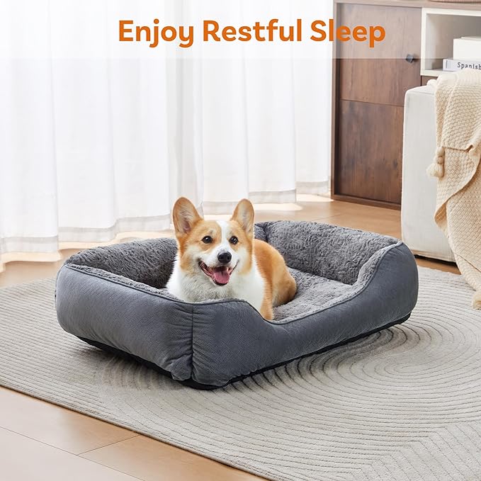 Dog Bed Medium, Super Soft Rectangle Dog Beds, Washable Warming Pet Bed with Anti-Slip Bottom, Anti-Anxiety, Grey, 25 x 21 x 8inch