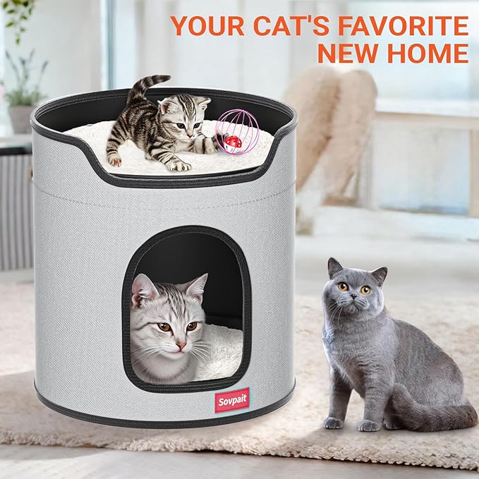 Cat Beds for Indoor Cats,Large Luxury Double Cat Beds with Cat Scratcher Pad Toys w/Catnip,Soft Washable Cushion Cat House Shelter D15xH15 in Grey (Blue, Metal Cage Balls+5mm Pad)