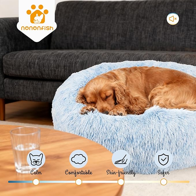 Dog Beds for Medium Dogs Washable Calming Blue Fluffy and Soft Anti Anxiety Faux Fur Round 30 in Pet Bed for Doggie
