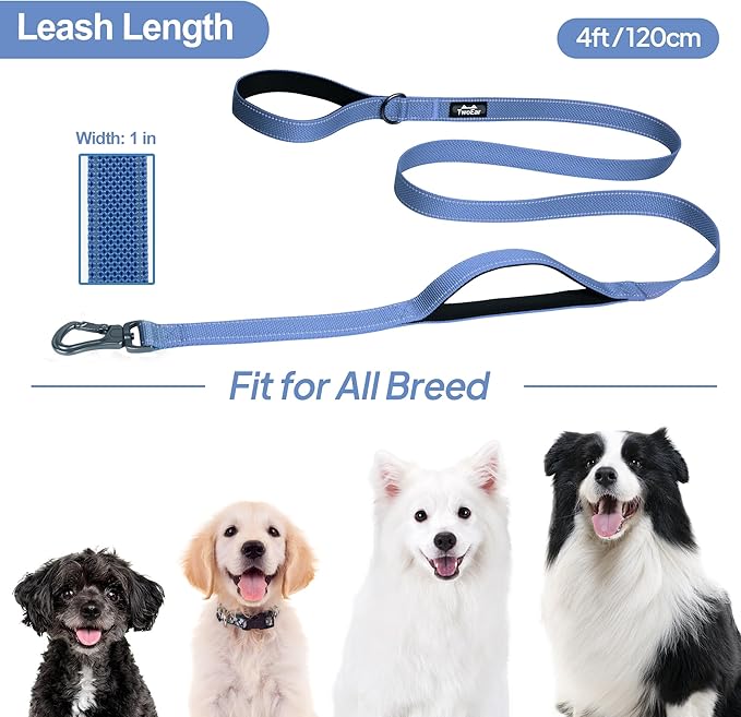 TwoEar 4FT 1IN Strong Dark Blue Dog Leash with 2 Padded Handles, Traffic Handle Extra Control, Comfortable Soft Dual Handle, Auto Lock Hook, Reflective Walking Lead for Small Medium and Large Dogs