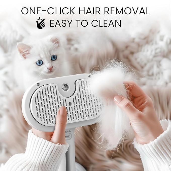 SHAZORY Pet Steam Brush for Dog & Cat - 3-in-1 Steam Grooming Brush for Shedding & Hair Removal - Self Cleaning Spray Comb with Mist for Long Haired Pets - Includes Water Refill Bottle (White)