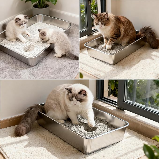 Soulbond Stainless Steel Litter Box, 27.5" L x 19.7" W x 6" H Extra Large Metal Litterbox for Big Cat and Multi-Cats Families, Non-Stick, Easy to Clean