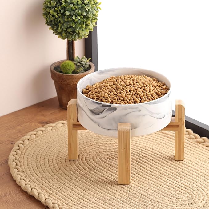 Elevated Dog Bowl Ceramic for Medium Large Sized Breed,Raised Dog Food Water Bowl with Stand,8 in 7.6 Cups Non Slip Pet Dish Heavy Weighted Marble Grey