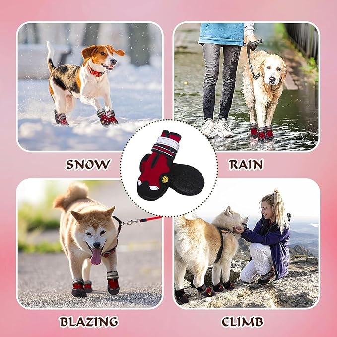 Dog Shoes for Large Dogs, 360°Anti Slip Medium Dog Boots & Paw Protectors Winter Snowy, Waterproof 4Pcs Dog Booties with Reflective Strips (Size 8: 2.95''x3.46''(W*L), Red)