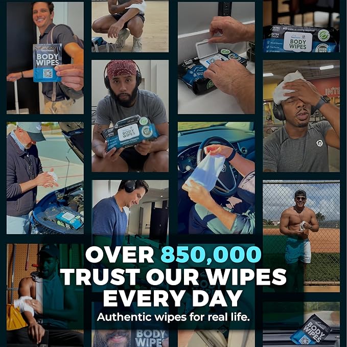 After Gym Body Wipes for Men – Maximum Cleaning Power (Ultra Clean) – 4 Pack (200 XL Wipes + 16 Travel Wipes), No Rinse Shower Wipes, Waterless Bathing Wipes for Camping, Work & Travel