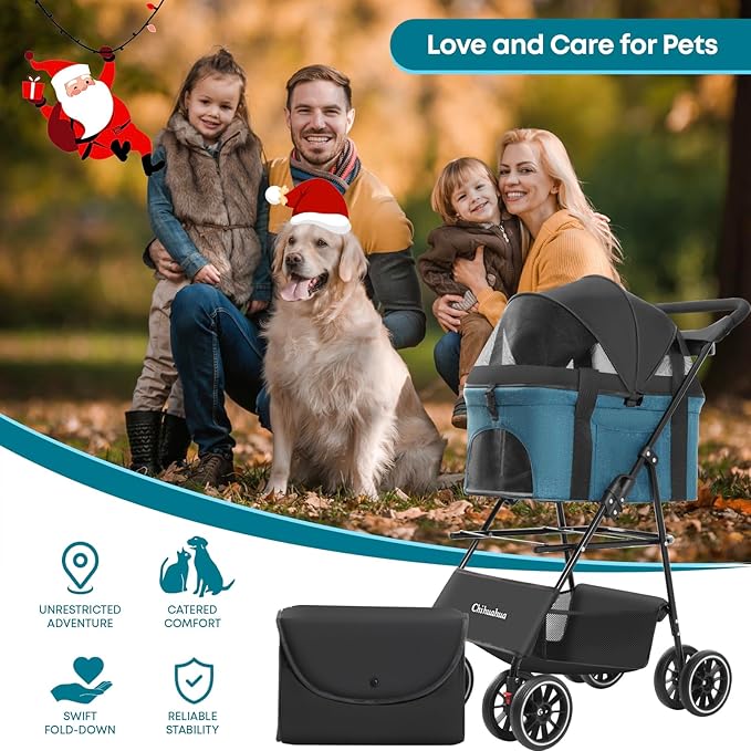 2-in-1 Foldable Pet Stroller with Canopy, 4 Wheels Pet Strolling Cart for Small/Medium Dogs and Cats with Removable Carrier,Breathable Mesh,Mom Tote Bag,Cup Holders,Easy Assembly,Black+Green
