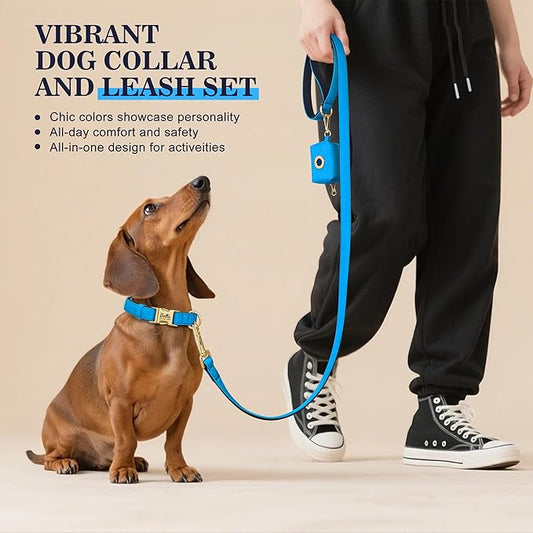 PET ARTIST Colorful Personalized Dog Collars, Custom Dog Collar with Silent Engraved ID Tag, Lightweight Breathable Nylon & Soft Padded, Matching Leash & Poop Bag for Medium Dogs,Blue,M Fit 13-20"