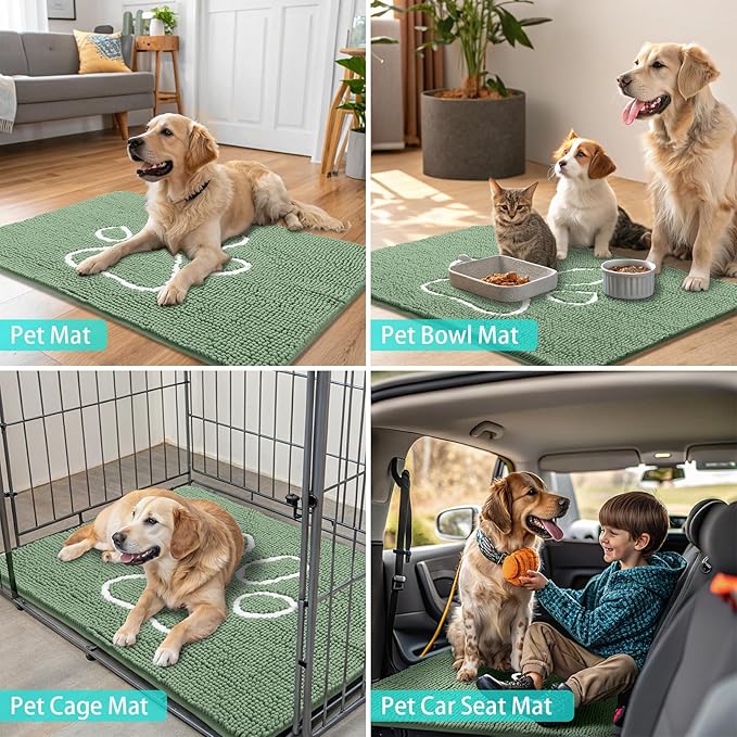 Smiry Dog Door Mat for Muddy Paws, Absorbent Dirt Trapper Non Slip Quick Dry Washable Chenille Mat for Mud Dogs, Entry Rug for Indoor and Outdoor (30x20 Inches, Olive Green and White)