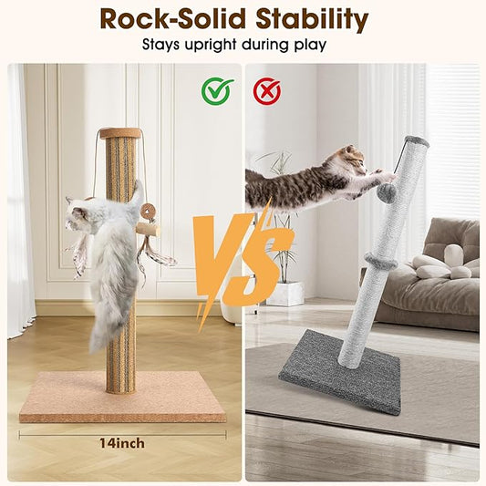 Vertical Cat Scratching Post-Cork-cat Scratcher with Feather Toy-cat Tree-cat scratchers for Indoor Cats Toys Stable Base-Eco-Friendly-Safe-Noise-Reducing for Claw Health-Fits Home Decorate