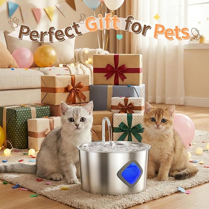 JIXZEN Cat Water Fountain Stainless Steel: 108oz/3.2L Automatic Pet Water Fountain for Cats Indoor- Quiet Cat Water Bowl Dispenser- Drinking Fountain for Small Dogs & Kitties-4 Filters + 4 Sponges