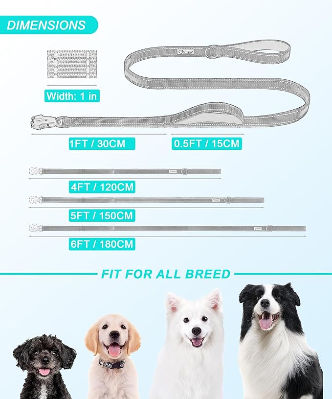 GEIT 4/5/6FT Heavy Duty Dog Leash with 2 Comfortable Padded Handles, Reflective Rope Leashes with Quick Release/Locking Tactical Frog Clip for Small Medium and Large Dogs, Black
