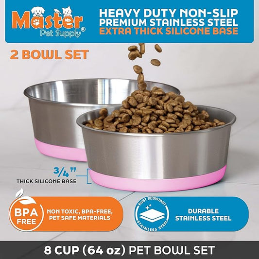 Master Pet Supply Stainless Steel Dog Bowls Set of 2 with Extra Thick Silicone Base - 8 Cup (64 oz) Hyper Pink, Non-Slip, Dishwasher Safe Metal Bowls, Pet Dog Food Bowl for Dogs, Cats, Anti Rust