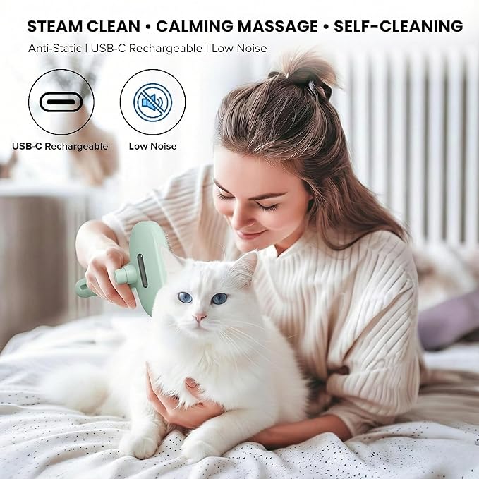 SHAZORY Pet Steam Brush for Dog & Cat - 3-in-1 Steam Grooming Brush for Shedding & Hair Removal - Self Cleaning Spray Comb with Mist for Long Haired Pets - Includes Water Refill Bottle (Green)