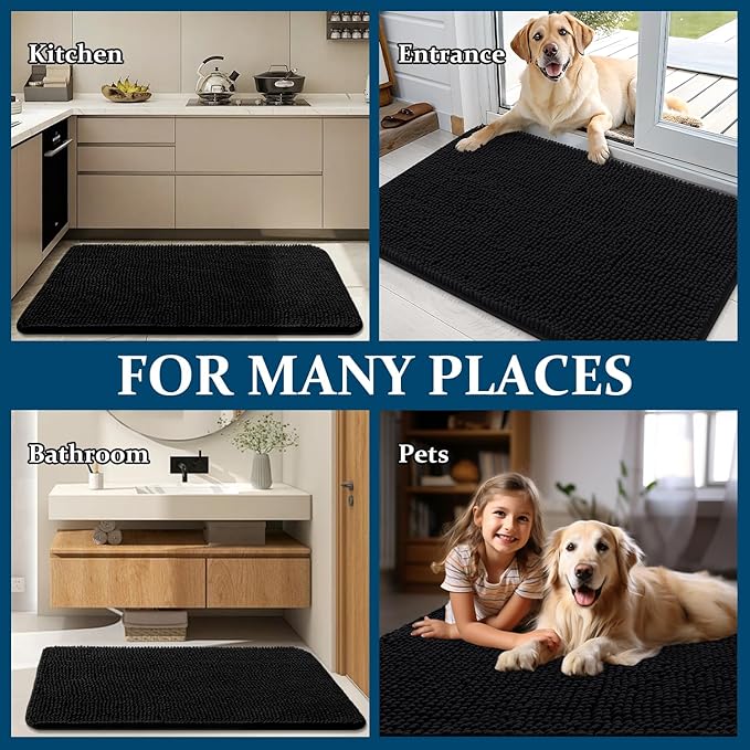 OLANLY Dog Door Mat for Muddy Paws 32x20, Absorbs Moisture and Dirt, Absorbent Non-Slip Washable Doormat, Quick Dry Chenille Mud Mat for Dogs, Entry Indoor Entryway Carpet for Inside Floor, Black