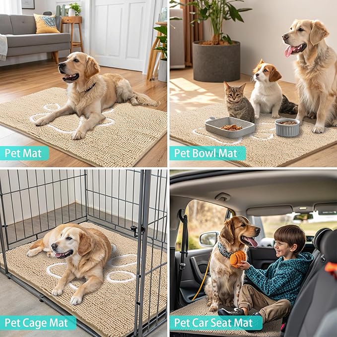 Smiry Dog Door Mat for Muddy Paws, Absorbent Dirt Trapper Non Slip Quick Dry Washable Chenille Mat for Mud Dogs, Entry Rug for Indoor and Outdoor (30x20 Inches, Beige and White)