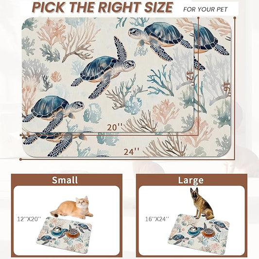Turtle Dog Cat Food Mat,Coral Absorbent Pet Feeding Mat for Food and Water,Non-Slip Dog Bowl Mats Floor Protector 12"x20"