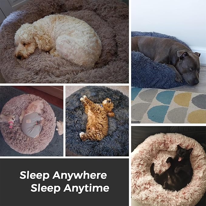 Calming Dog Bed & Cat Bed for Indoor Cats, Medium Size Washable Anti-Slip Anti-Anxiety Donut Dog Beds for Small Dogs & Cats, Fluffy Plush Cozy Round Dog Bed(20 Inch, Brown)