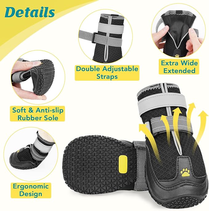 LUCKYPAW Dog Shoes for Large Medium Dogs, Breathable Dog Boots for Hot Pavement, Paw Protectors for Summer Walking Hiking Winter Snow Outdoor, Non Slip Reflective Booties for Hardwood Floor (Black, 4)