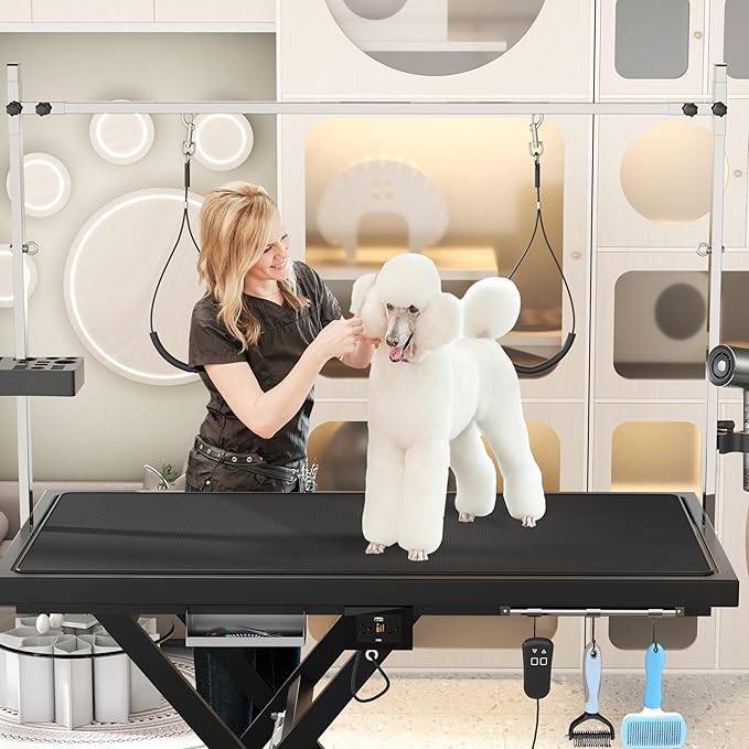 SoarFlash 49.6” Electric Lift Pet Dog Grooming Table,Heavy Duty Electric Grooming Table for Dogs&Cats,Heavy Duty Height Adjustable with Overhead Arm, Clamps, Two Grooming Noose