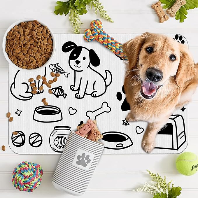 Cute Cat Bird Paw Print Dog Cat Food Mat,Absorbent Pet Feeding Mat with Rubber Backing,Non-Slip Water Bowl Placemat,Indoor Pet Accessories Supplies 16"x24"