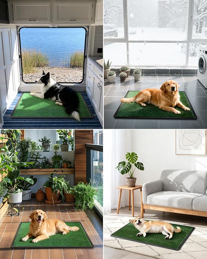 Dog Grass Mat with Tray, 34"x23" Artificial Grass Pee Pads for Dogs Turf Toilet, Reusable Potty Pads for Dogs with 6 Disposable Urine Mats, Indoor/Outdoor Toilet Training EVA Waterproof Base XL