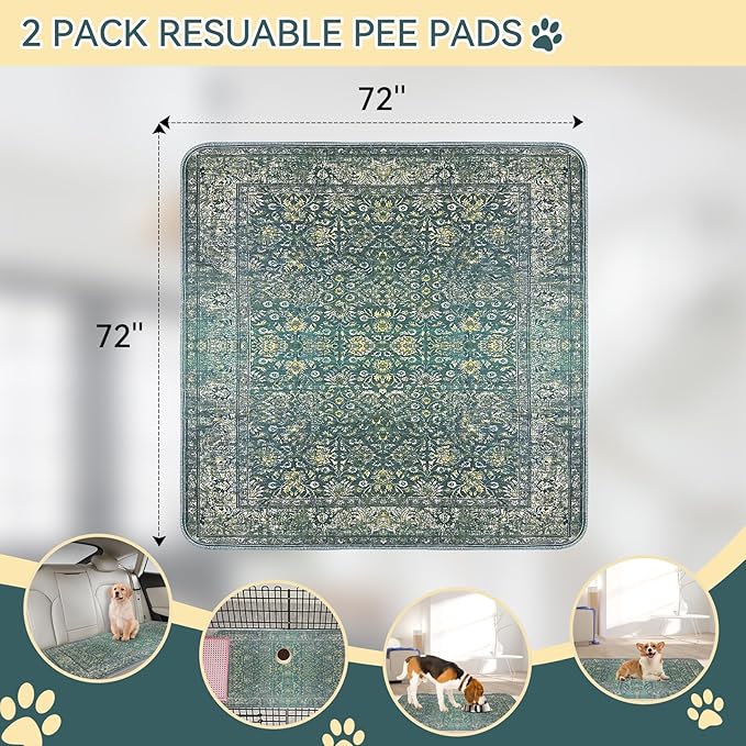 Washable Pee Pads for Dogs, Reusable Non-Slip Puppy Pads 72'' x 72'' with Super Absorbent, Waterproof Rug for Training Travel Whelping Housebreaking Incontinence Crate