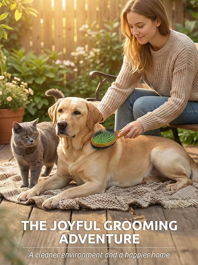 TAKAVU Pin & Bristle Pet Brush for Dogs & Cats - Double Sided Grooming Tool Detangles, Removes Loose Hair & Conditions Coat - Wood Handle