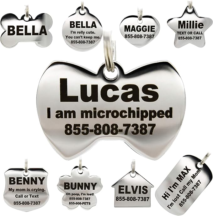 PetANTastic Stainless Steel Pet ID Tags - Engraved Personalized Dog Tags, Cat Tags Front & Back up to 8 Lines of Text – Bone, Round, Heart, Flower, Badge, House, Star, Rectangle, Bow Tie