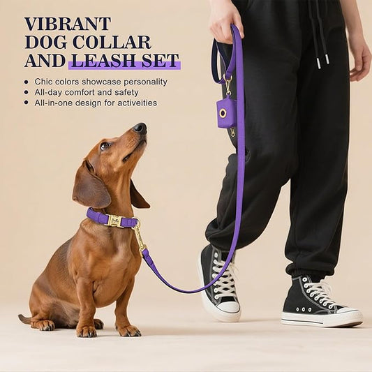 PET ARTIST Personalized Dog Collars, Colorful Purple Custom Dog Collar with Silent Engraved ID Tag, Lightweight Breathable Nylon & Soft Padded, Matching Leash & Poop Bag for Medium Dogs,M Fit 13-20"