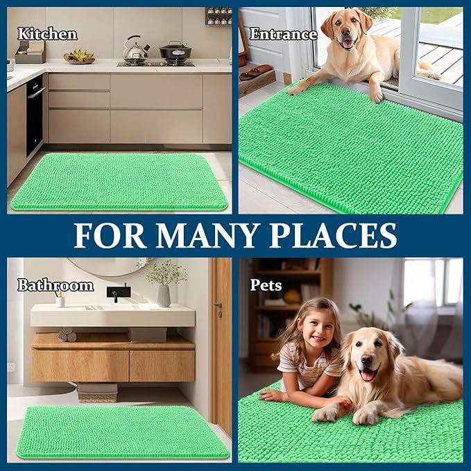 OLANLY Dog Door Mat for Muddy Paws 36x24, Absorbs Moisture and Dirt, Absorbent Non-Slip Washable Doormat, Quick Dry Chenille Mud Mat for Dogs, Entry Indoor Entryway Carpet for Inside Floor, Mint Green