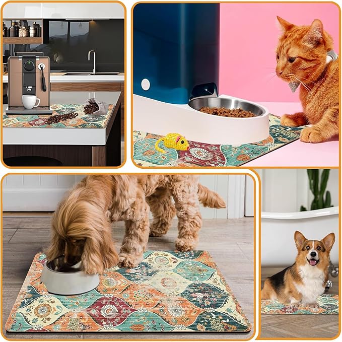 Dog Food Mats for Floors Absorbent, Cat Food Mat - Pet Cat Feeding Mat Quick Dry, Dog Bowl Mats for Water, Pet Supplies Feeding Placemat 12" x 20"Orange