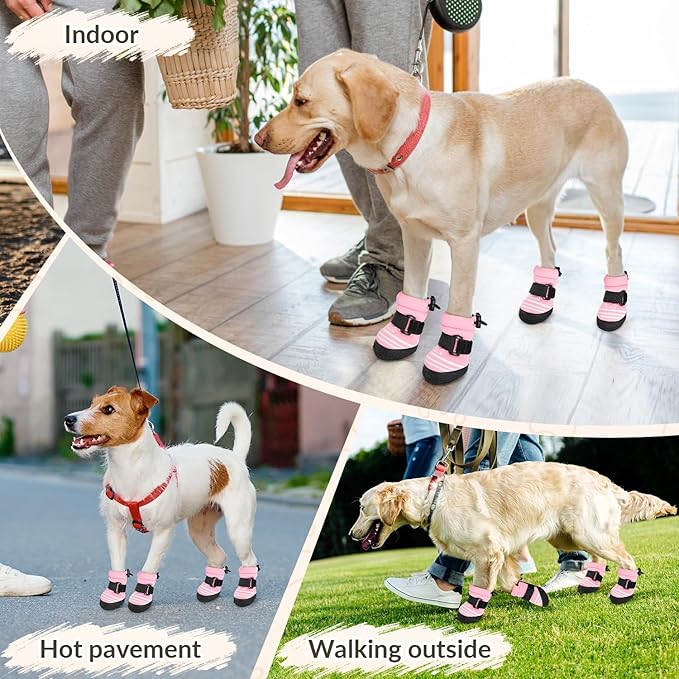 SlowTon Dog Shoes for Medium Large Dogs - Water Resistant Anti-Slip Dog Boots for Hot Pavement Rain Snow,Reflective Dog Paw Protectors for Outdoor Walking, Indoor Hardfloors(Pink,3)