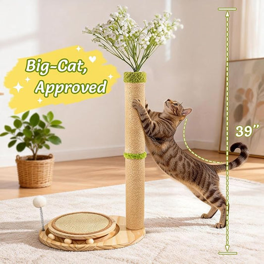 Cute Babys Breath Flower Cat Scratching Post, 39" Tall Cat Tree, Interactive Cat Toys with Ball Track & Spring Ball, Cat Scratcher with Pad for Indoor Cats Adults and Kittens