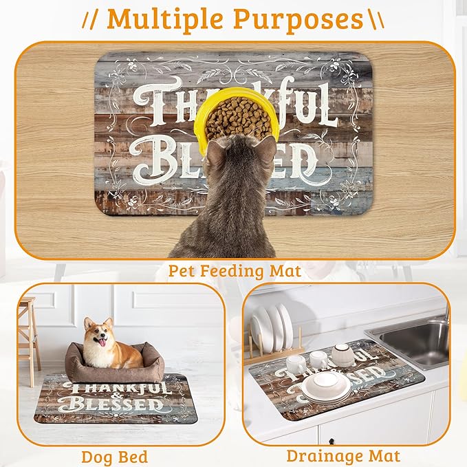 Thankful Feeding Mat,Blessed Absorbent Quick-Dry Cat Dog Food and Water Bowl Mats,Non-Slip Rubber Backing Mat,Cat Dog Accessories Supplies 12" x 20"