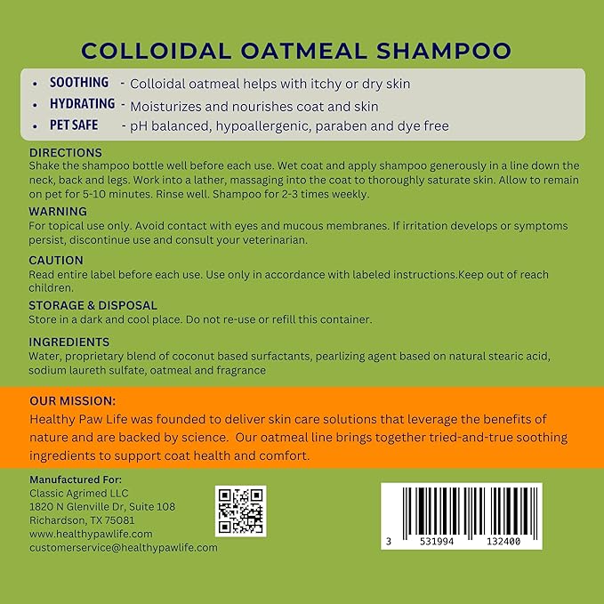 Healthy Paw Life Oatmeal Shampoo β Vet-Recommended Itch Relief for Dogs, Cats & Horses β Hypoallergenic, Moisturizing & Deodorizing β 1 Gallon β Made in USA