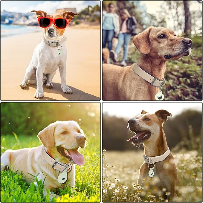 Wisedog Waterproof Dog Collar, Adjustable Soft Rubber Coated Webbing, Odor-Proof and Easy to Clean for Small Medium Large Dogs, with Airtags Case(L|15"-19" × 1 in, Sand Color)