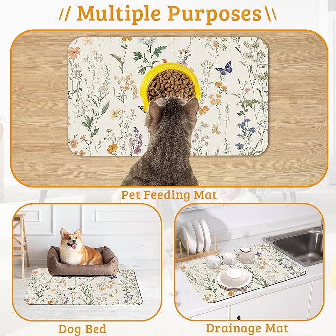 Wildflowers Butterfly Dog Cat Food Mat,Plants Absorbent Waterproof Placemat for Food and Water Non Slip Rubber Backing Durable Feeding Pad for Clean Floors 16" x 24"