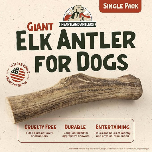 Heartland Elk Antlers for Dogs - Daily Dental Care Chews for Aggressive Chewers to Reduce Plaque & Prevent Destructive Behavior (Whole, Splinter Free, 9+", Giant, 1-Pack, Grade A, USA Made)