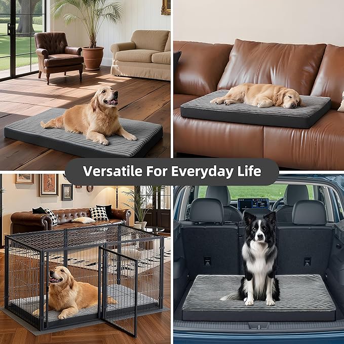 Dog Bed Large Sized Dogs, Orthopedic Flannel Pet Beds with Removable Washable Cover, Waterproof Indestructible Big Dog Bed with Anti-Slip Bottom, Egg Crate Memory Foam Pad, 35.0"x22.0"x3.0", Grey
